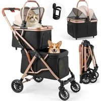 TLGREEN Hundebuggy Doppel Hundebuggy 2 Etagen, (Faltbarer Haustierbuggy für 2 Tiere bis 15kg), Katzenbuggy mit 2 Körben, 4 PU-Rädern, Fußbremse & Dämpfung
