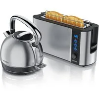 Arendo Frühstücks-Set Edelstahl Wasserkocher 1,7l, 2-Scheiben Langschlitz Toaster, silber (2-tlg), Vintage Wasserkocher Temperatureinstellung, Toaster Brötchenaufsatz