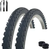 maxxi4you Fahrradreifen 2x VEE Rubber V185 26x2.00 Schwarz + 2x AV Schlauch + Reifenheber