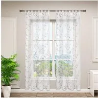 Woltu Gardine (2 St), halbtransparent, Blumen Stickerei mit Schlaufen Leinen Optik