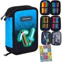 GOLDKIDS Federmäppchen 3 Fächer - Mäppchen für Mädchen und Jungen -, (Federmappe 3-Fach Federtasche, 1-tlg., Gefüllte Schüleretui Schulmäppchen), und Hausaufgabenheft - Blue Pixel