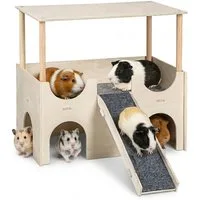PRIISF Nagerhaus Meerschweinchen Haus Holz Hamster mit Plattform & Treppe als Versteck, Nagerhaus Kleintierhaus Hamsterhaus für Zwerghamster, Rennmäuse, Degus