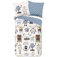good morning Kinderbettwäsche Robo, Renforcé, 2 teilig, Baumwolle, Reißverschluss, Wendeoptik, Baby, Junge, Roboter, Weiß blau