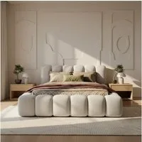 thematys Polsterbett mit Bettkasten, CLOUD 140x200 160x200 180x200 200x200cm (Kopfteil im Oversize-Look und Stauraum – weich, modern und pflegeleicht), hochwertiger Bouclé-Stoff in Kreme und Latte, Inklusive Lattenrost: Holzrahmen,hochwertiger Stoff)
