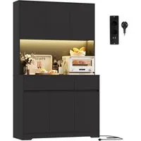 Homfa Küchenbuffet Küchenschrank mit LED Buffetschrank mit Steckdosen Hochschrank mit Arbeitsplatte, 6 Türen und Schubladen