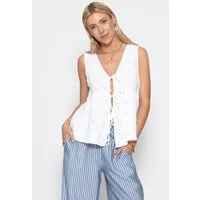 SASSYCLASSY T-Shirt Musselin Blusentop mit Lochstickerei Damen Luftiges Baumwolltop mit Bindebändern in lockerem Schnitt Weiß
