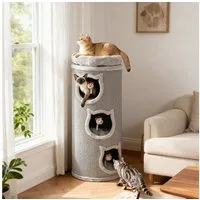 PawHut Kratztonne 96 cm hoch, (Katzenturm, 1-tlg., Katzentoilette mit Sisalseil, 3 Höhlen), mit 3 Spielzeugen, Grau