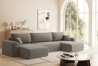 Wohnlandschaft Sofa mit Schlaffunktion FLORA Stoff Poso Grau