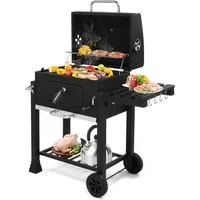 LALAHO Holzkohlegrill Grillwagen mit Faltbarer Seitenablagen, Höhenverstellbarer Gril mit Deckel, Räder, Thermometer, 116x57x108cm