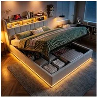 Furnishings Home Polsterbett Stauraumbett Doppelbett LED, Hydraulisch anhebbarer Stauraumbett (Mit Lattenrost und Ladefunktion, Leinenmaterial Polsterbett), Mit LED Beleuchtung, Lattenrost, Samt, 160x200 cm