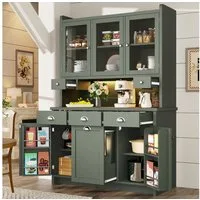 Flieks Küchenbuffet mit LED-Beleuchtung, Glastüren und verstellbarer Einlegeböden (1-St., B120/T40/H180 cm) Hochschrank Küchenschrank mit Arbeitsplatte in Retrostil Grün