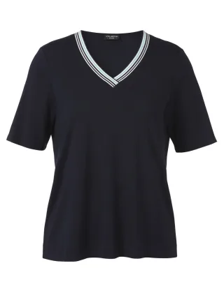 VIA APPIA DUE - T-Shirt mit V-Ausschnitt und gestreiftem Rippkragen blau - Gr. - 46