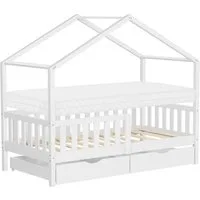 ML-DESIGN Spielbett Hausbett Kinderbett inkl. 2 Schubladen, Lattenrost und Rausfallschutz, Abenteuerbett 80x160cm mit Matratze Himmelbett Kiefer Jugendbett Weiß