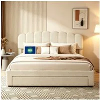 Simurq Polsterbett Bett 140x200 cm mit Stauraum Doppelbett Stauraumbett Mit Ladefunktion, Bettgestell mit Lattenrost, Schubladen und gepolstertem Kopfteil