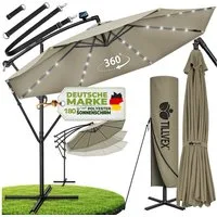 tillvex Sonnenschirm tillvex® Sonnenschirm LED Solar Ø 3m Ampelschirm Balkon Gartenschirm, Alu Ampelschirm + Abdeckung LED Solar Ø 350 cm mit Kurbel, Abdeckung + Ständer, Gartenschirm UV-Schutz Aluminium, Kurbelschirm Marktschirm wasserdicht 360° dre