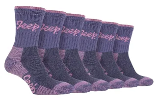 JEEP - 6 Paar Multipack Damen Baumwolle atmungsaktiv gepolstert Wandern Socken | Damen gepolstert Anti Blister Crew Trekking Socken - Lila / Rose