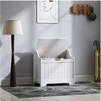 HOMCOM Truhe Aufbewahrungsbox mit Deckel, Auflagenbox, für Wohnzimmer, Schlafzimmer (Aufbewahrungsbox mit U-förmigem Griffausschnitt, 1 St., Aufbewahrungskiste aus Holz), für Wohnzimmer, 56,5 x 38 x 56 cm, weiß