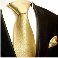 Paul Malone Krawatte Seidenkrawatte und Tuch Herren uni gestreift 100% Seide (Set, 2-St., Krawatte mit Einstecktuch) Schmal (6cm), gold 804