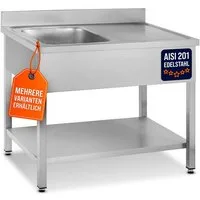 GastroHero Arbeitstisch Spültisch 100x60 cm - Edelstahl mit Becken - Gastro - Spüle, AISI201-Edelstahl, Grundboden, nach Hygienerichtlinien produziert