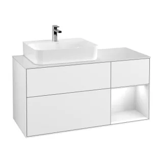 Villeroy und Boch Finion Waschtischunterschrank F151GFGF 120cm, Abdeckplatte white matt, Regal rechts Glossy white lacquer, Glossy white lacquer