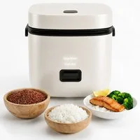CkeyiN Pro Reiskocher Klein,1,5L Mini Reiskocher Tragbar,Multikocher Kleiner Reiskocher, 200 W, mit Dampfgarer,Antihaftbeschichtetem,Warmhalten,für 1-2 Personen