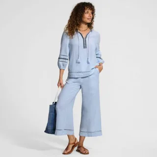 Musselin-Schlupfbluse mit 3/4-Ärmeln, Damen, size: regular, Blau, Baumwolle, by Lands' End