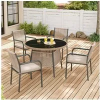 Flieks Garten-Essgruppe, 4-Sitzer Sitzgruppe Gartenmöbel-Set Runder Glastisch + 4 Stühle