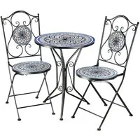 Kobolo Balkonset Sitzgruppe Gartenmöbel Tisch Stühle Metall Mosaik blau weiß, (3-tlg)