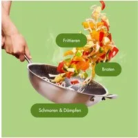 Reishunger Wok Premium Wok, Edelstahl (Wok mit Glasdeckel), für Induktions-, Ceran- oder Gasherd