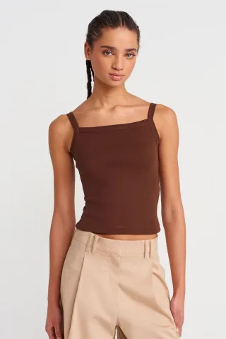 Rippstrick-Baumwoll-Cami-Bluse mit rechteckigem Ausschnitt
