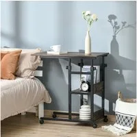 HOMCOM Beistelltisch Couchtisch mit Rollen, Schreibtisch mit 2 unteren Regalen, Sofatisch (Laptoptisch, 1-St., Betttisch), für Esszimmer Wohnzimmer, Metall, Braun, 80x40x72-82 cm