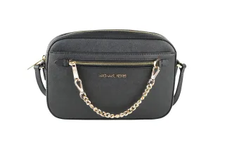 Michael Kors Women's Jet Set Item Large East West Saffiano leather Zip Chain Crossbody Handbag (Black Solid/Gold)