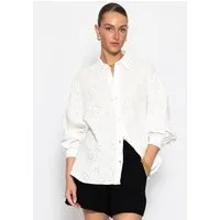 SASSYCLASSY Langarmbluse Musselin Bluse mit Lochstickerei für Damen Luftige Bluse aus Musselin mit Lochstickerei Taupe Offwhite