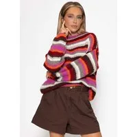 SASSYCLASSY Strickpullover Gestreifter Strickpullover für Damen Mehrfarbiger oversized Pullover in weicher Textur Orange Braun