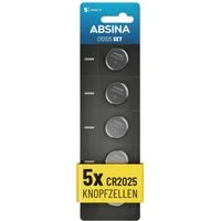 ABSINA Knopfzellen CR2025 5er Pack - CR 2025 Knopfzelle, CR2025 Batterien Knopfzelle, (1 St)
