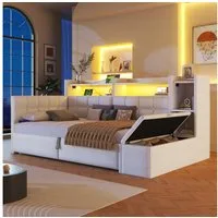 Merax Daybett mit LED Lichtleiste, USB, Typ-C & Bettkasten, Samt (Schlafsofa Sofabett Jugendbett Kinderbett Einzelbett, 1 tlg), Tagesbett 90x200cm mit hydraulischem Stauraum,Ablagefach,Stauraumbank