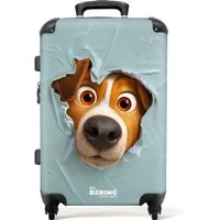 NoBoringSuitcases.com© Kinderkoffer mit leuchtende Räder - Brauner Hund durch zerrissenes blaues Plastik 6, 4 Rollen, Mittelgroßer Reisetasche mit Rollen für 20kg, Kinderkoffer