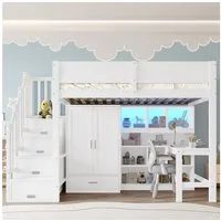 Merax Hochbett 90x200cm mit LED-Beleuchtung (1-St., Massivholz Jugendbett Einzelbett Hausbett) Kinderbett mit Schreibtisch, Kleiderschrank, Regal und Stauraumtreppe