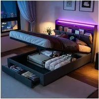 Furnishings Home Polsterbett 180 x 200 Doppelbett LED Hydraulisch anhebbarer Stauraumbett (Mit Lattenrost, Leinen material Polsterbett), Modernes Jugendbett, Leises Design Bett, Max. Belastbarkeit 350 kg
