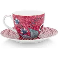PiP Studio Espressotasse Flower Festival Espressot. m. Unt. dark pink 120ml, Porzellan, Espresso Cup & Saucer Flower Festival Dark Pink 120ml