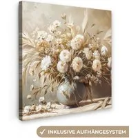 OneMillionCanvasses® Leinwandbild Blumen - Vase - Stilleben - Beige, Fotodruck (1 St), Wandbild, Deko Schlafzimmer Wohnzimmer Flur 20x20 cm