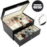 JEOBEST Geschenkbox Uhrenbox mit 20 Fächern, Uhrenkasten mit Glasdeckel, (1 St.,2 Ebenen) abnehmbare Polster, 1 Schublade