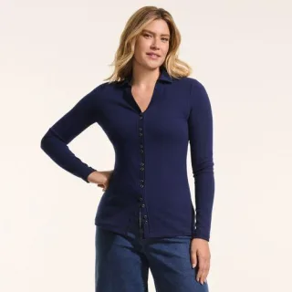 Jerseybluse mit Polokragen, Damen, size: regular, Blau, Elasthan/Baumwoll-Mischung/Polyester-Mischung, by Lands' End