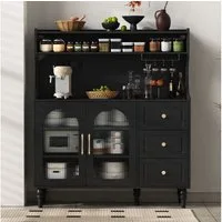 Flieks Küchenbuffet mit Steckdosen, Gläserhalter, Schubladen und Glastüren (120x40x138,5 cm, 1-St., Arbeitsplatte mit USB- und Typ-C-Anschlüssen, Beine aus Massivholz) Hochschrank Küchenschrank Geschirrschrank mit verstellbarer Ablagen