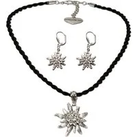Alpenflüstern Ketten-Set Trachtenschmuck-Set Kordel-Trachtenkette und Ohrhänger Strass-Edelweiß (schwarz), - Damen-Trachten-Schmuck, Trachtenset Dirndl-Kette und Trachten-Ohrringe