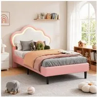 Simurq Kinderbett 90x200cm Bettgestell, Einzelbett, Polsterbett, Jugendbett, Mit LED, Mit Lattenrost, Prinzessin Bett