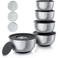 Arendo Salatschüssel 5er Set mit Deckel, Edelstahl Salatschüsseln 1,6 bis 5 L, Rührschüssel, Edelstahl, (Set, 5-tlg), Edelstahlschüssel, 3 Reibaufsätze spülmaschinengeeignet, BPA-frei