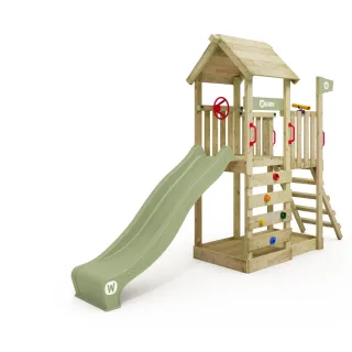 Kinderspielturm MultiFlyer mit Holzdach - Robuster Spielturm für den Garten mit Wellenrutsche und Sandkasten - Sicherer Kletterturm - Wickey
