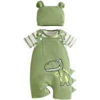 Gluckids Shirt, Hose, Jacke & Mütze Jungen Sommeroutfit, gestreifter Strampler, Bedruckter Latzhose, Mütze (Set, 3-tlg) Neugeborenes Casual Anzug mit Dinosaurier-Print, Geburtstagsgeschenk