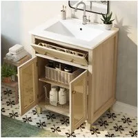 Merax Waschtisch Waschbeckenunterschrank mit Klappschublade inkl. Waschbecken (Badmöbel-Set im Landhausstil Holzoptik, 1-St), Badzimmerschrank mit 2 Rattan Türen & höhenverstellbaren Einlegeböden